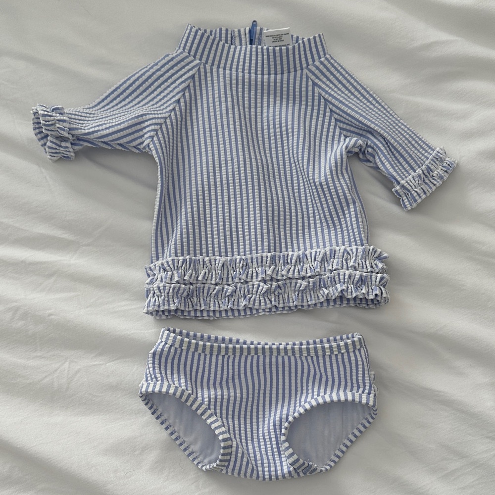 Ruffle Butts Blue and White Striped Rashguard Set